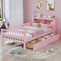 Pink Three-Side Guardrails for Safety Twin Size Bed with Headboard Storage Rack
