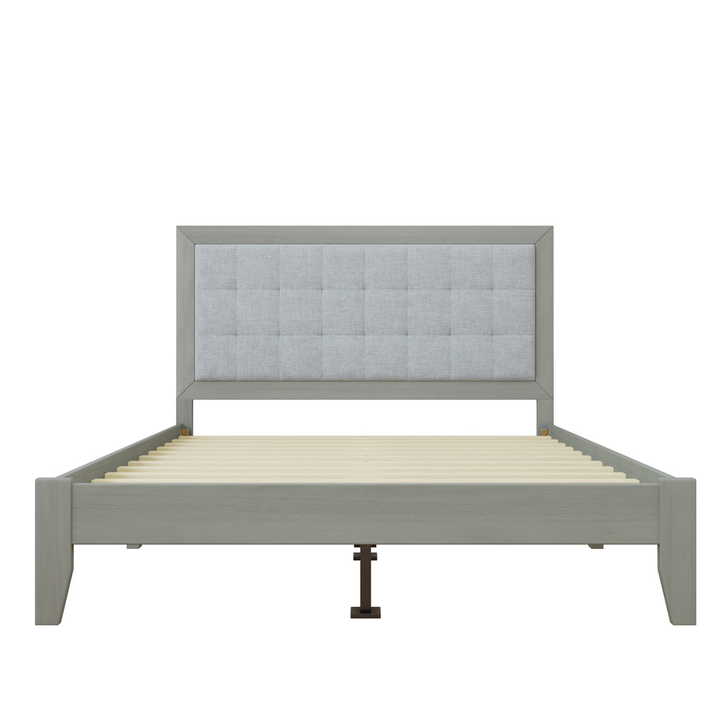 Mid-Century Modern Solid Wood Platform Bed with Upholstered Headboard in Grey, Rubber Wood, Queen Size