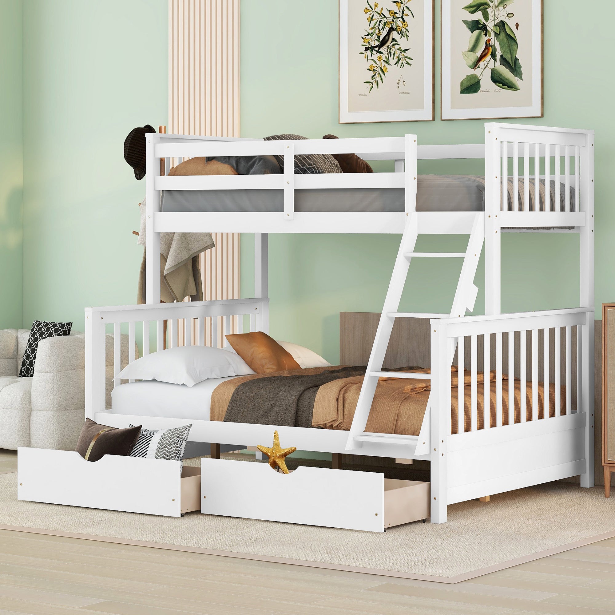 Stefan Twin over Full Bunk Bed with Ladder and Two Storage Drawers, White