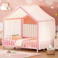 Montessori Floor Bed with Canopy, Full Bed Frame for Kids, House Shape Kids Bed Frame with High Railings, Wood Kids Bed with Roof, Kid Full Bed, Pink
