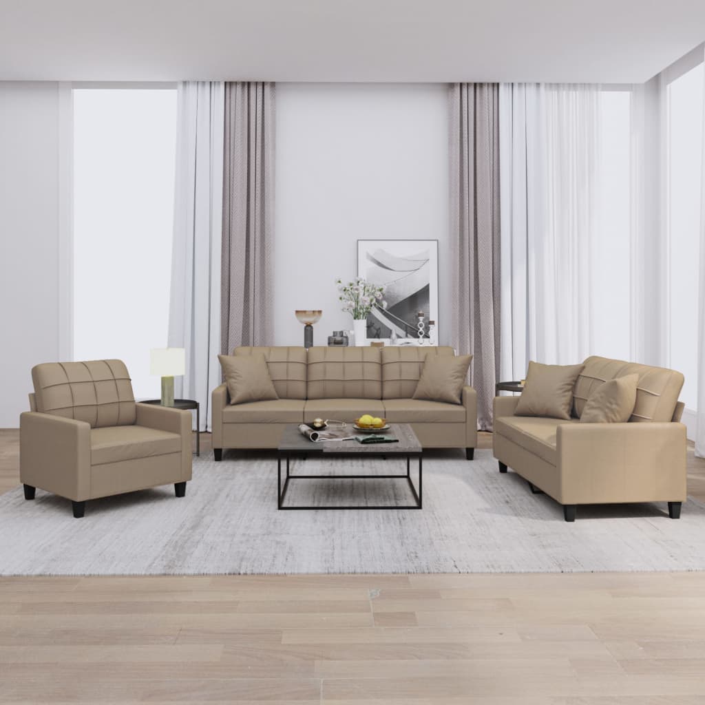 NNEVL 3 Piece Sofa Set with Pillows Cappuccino Faux Leather-0