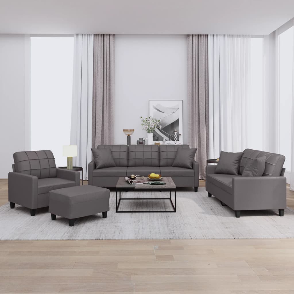 NNEVL 4 Piece Sofa Set with Pillows Grey Faux Leather-0