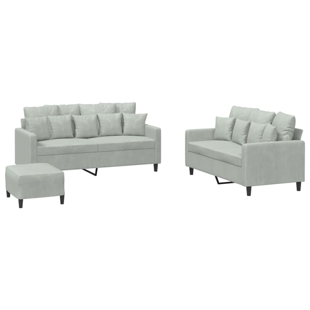 NNEVL 3 Piece Sofa Set with Cushions Light Grey Velvet-1