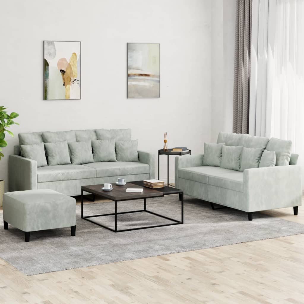 NNEVL 3 Piece Sofa Set with Cushions Light Grey Velvet-0