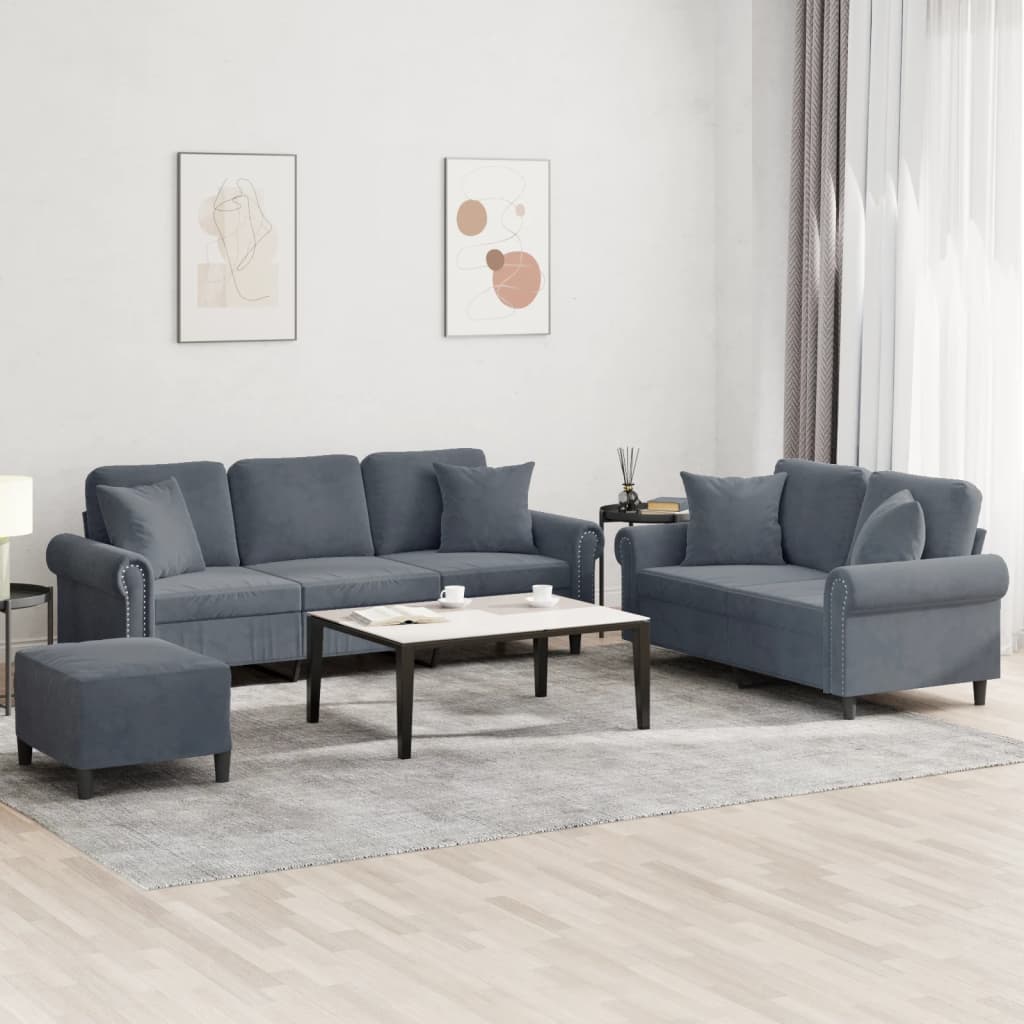 NNEVL 3 Piece Sofa Set with Pillows Dark Grey Velvet-0