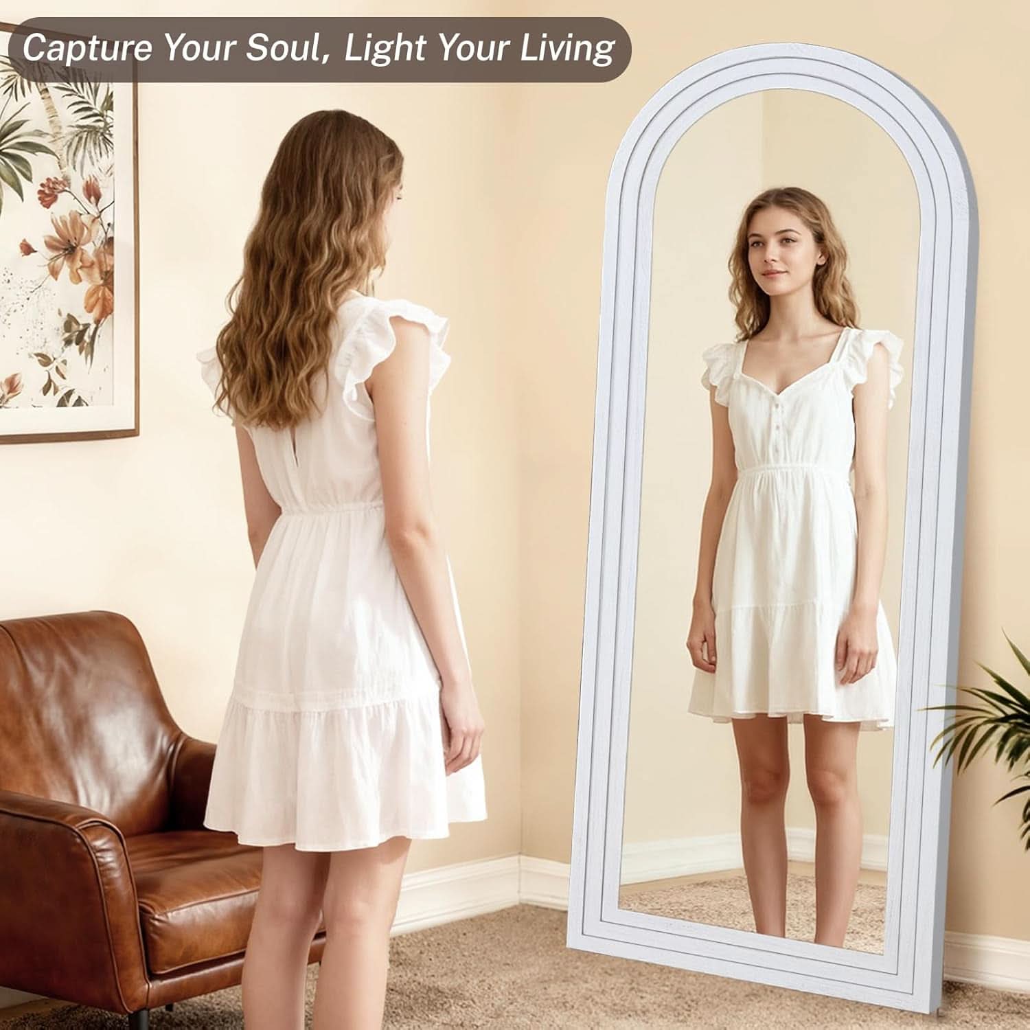 71x30 Full Length Arched Mirror Handcrafted Rustic White