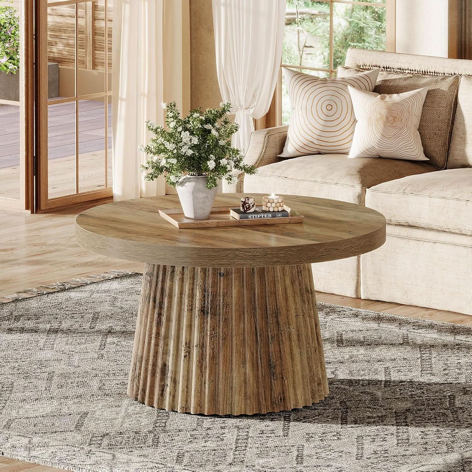 Solid Walnut Round Coffee Table 31.5 Inches Drum Base