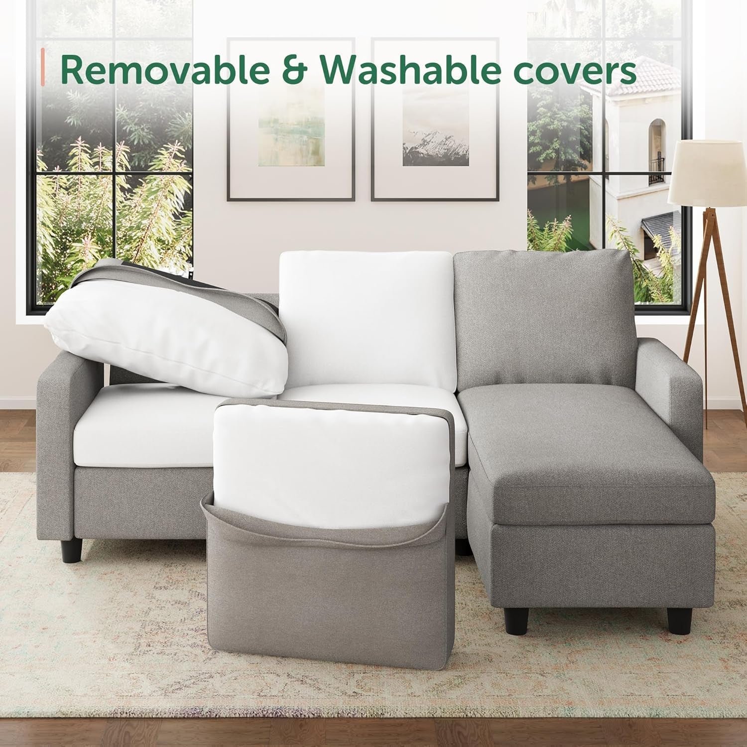 L Shaped Convertible Sectional Sofa Light Grey Linen Fabric-4