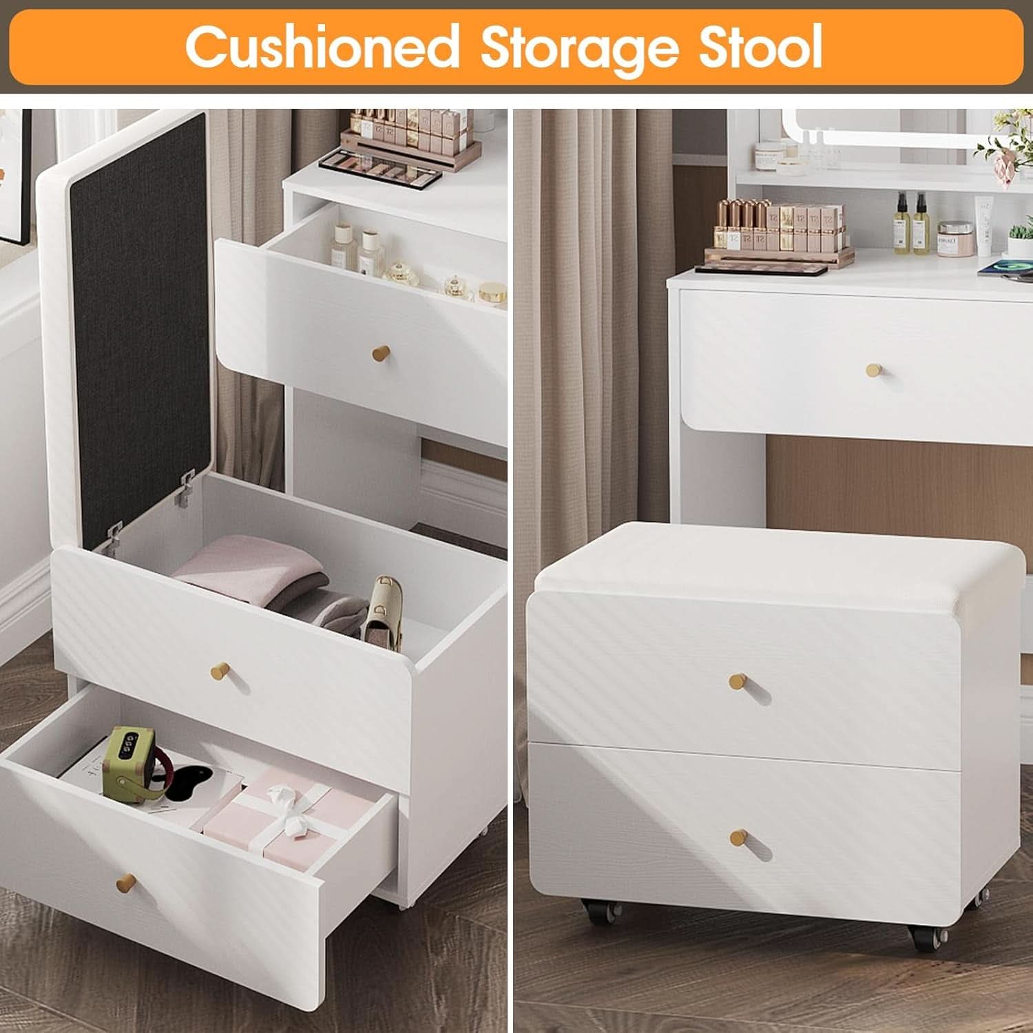 White Makeup Vanity Desk With High Capacity USB Charging-4