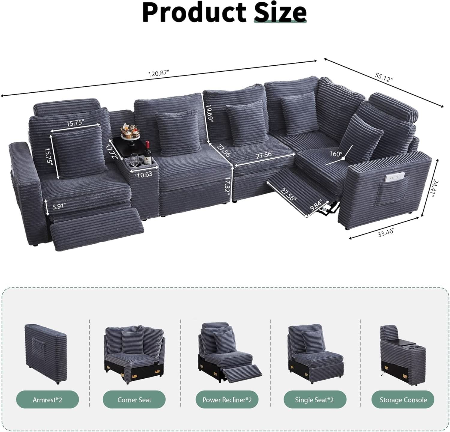 Grey Premium Power Recliner Modular Sectional Sofa-1
