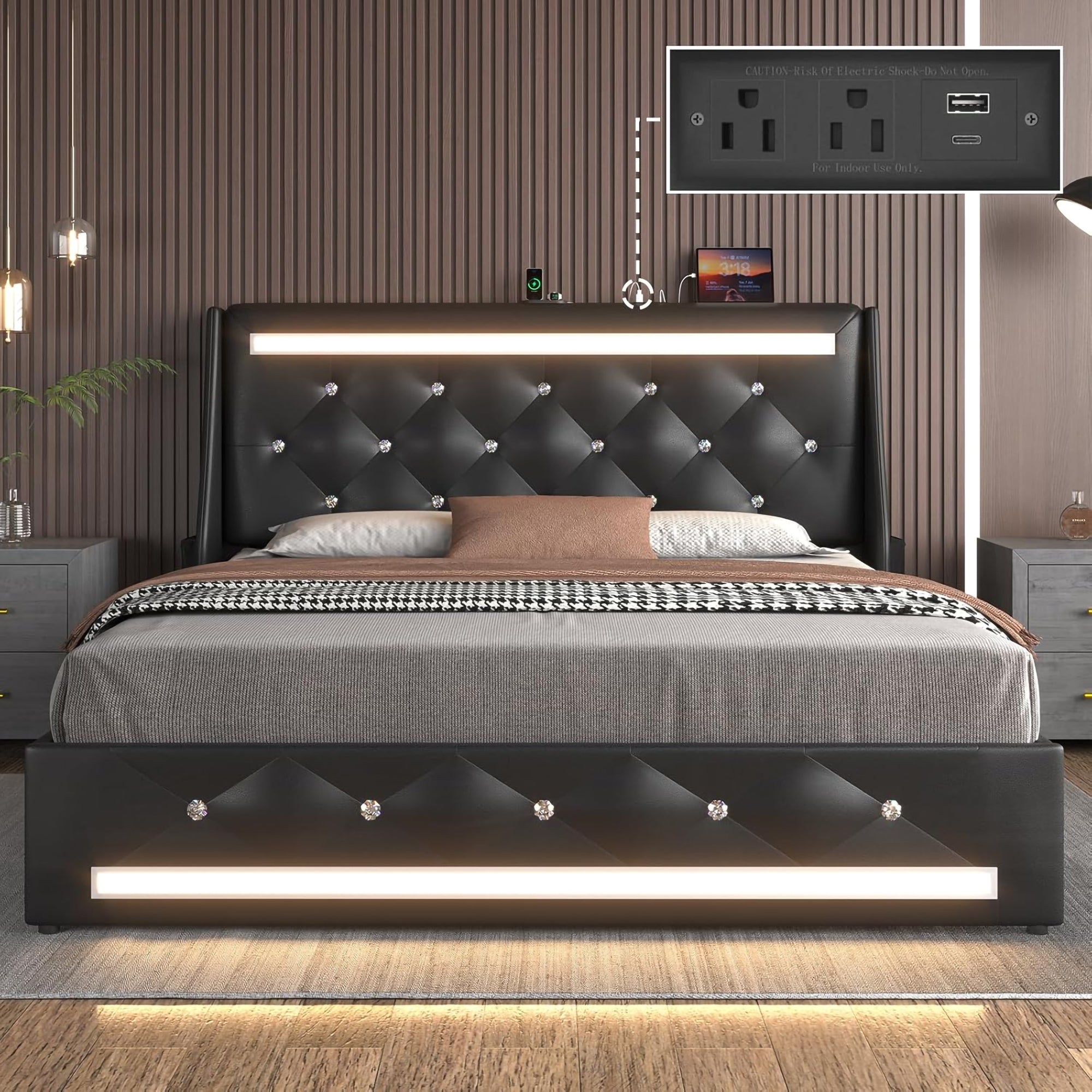 Queen Size Bed Frame with LED Lights, Upholstered Bed Frame with Charging Station, Platform Bed with Diamond Headboard, Wooden Slats, Easy Assembly, No Box Spring Needed, Noise Free, Black