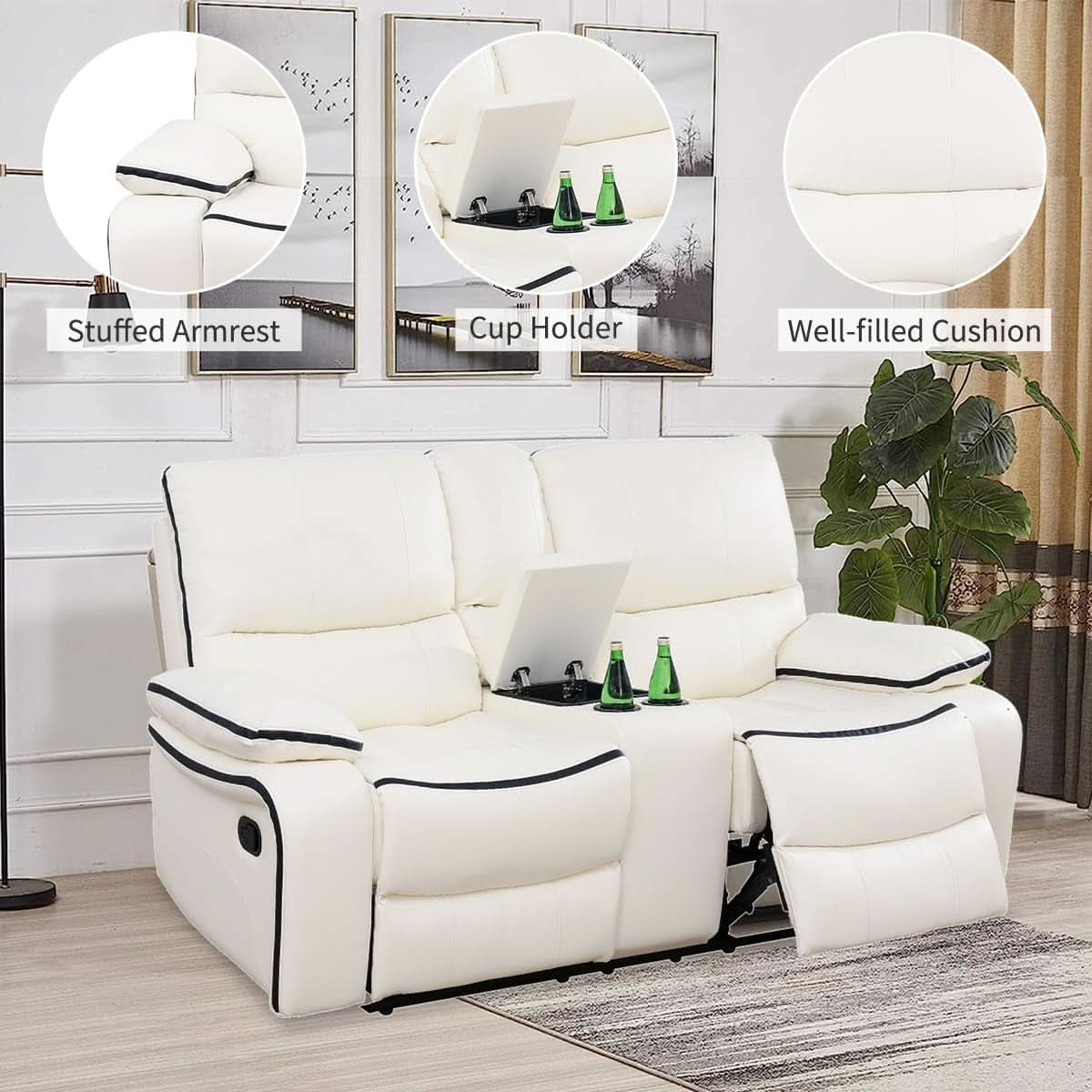 Leather Recliner Sofa Set With Storage Console White-3