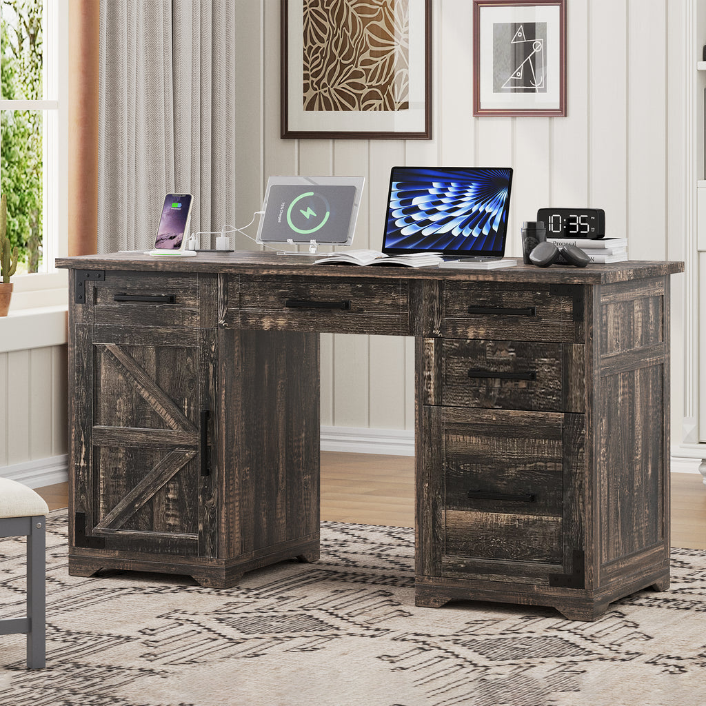 Rustic Gray Farmhouse Executive Desk with Charging Station