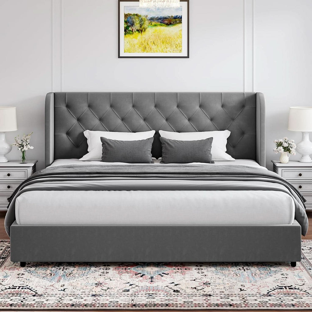 Grey VelvetLux Upholstered King Bed Frame Wing back-2