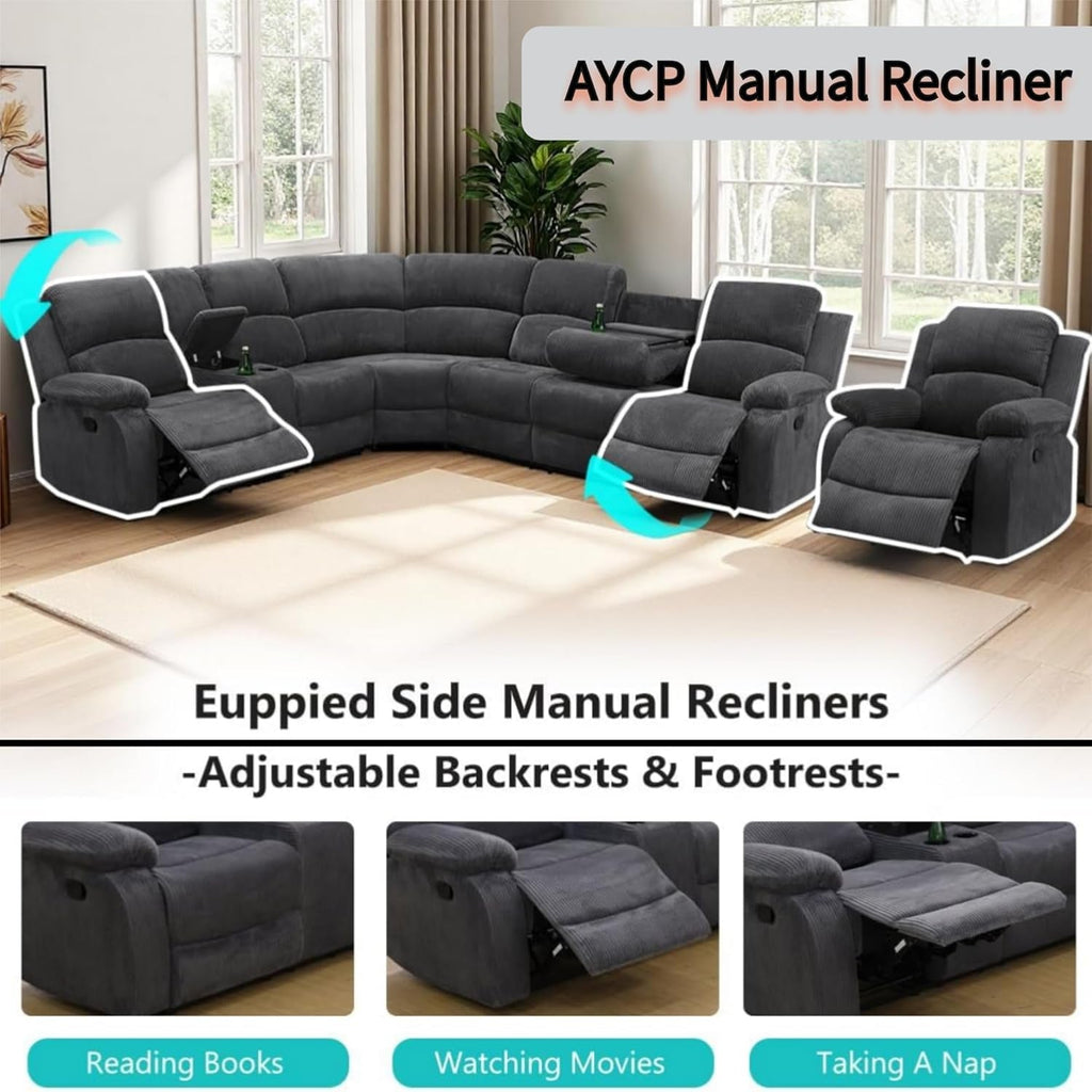 Midnight Grey Corduroy Manual Recliner Sectional Sofa-2