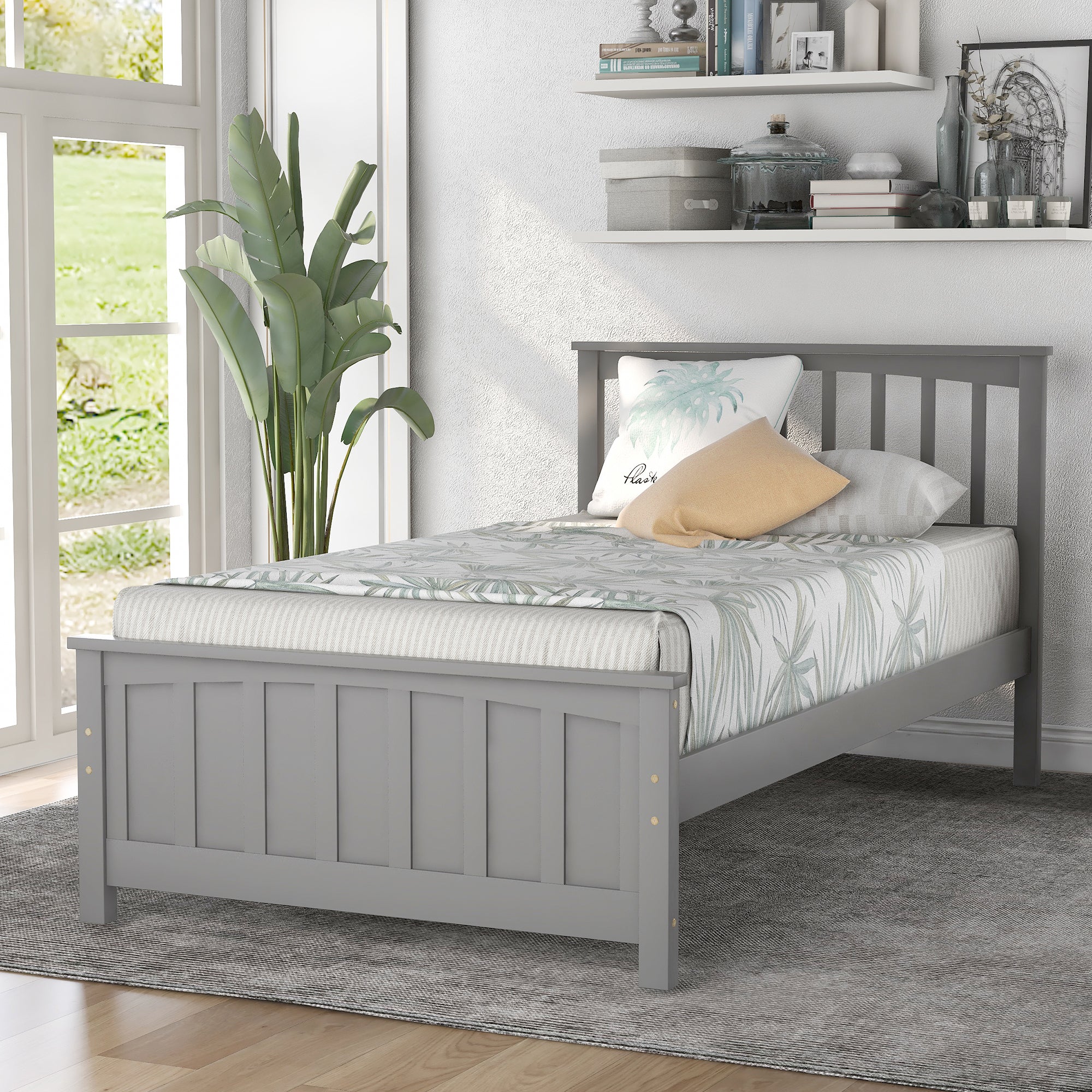 Classic Gray Wood Platform Bed Twin Size with Headboard and Footboard