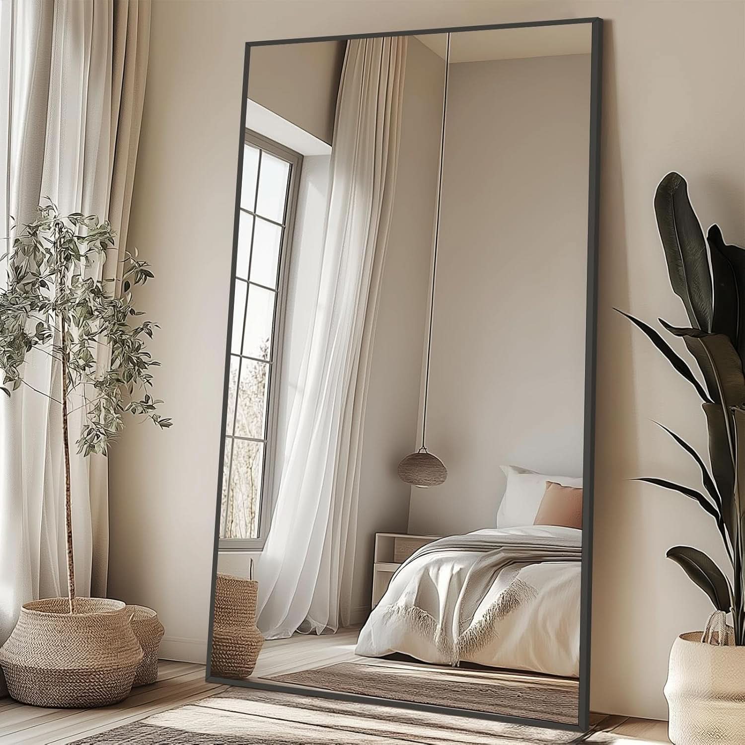 82X44Inch Oversized Floor Mirror Tempered Matte Black Glass-1