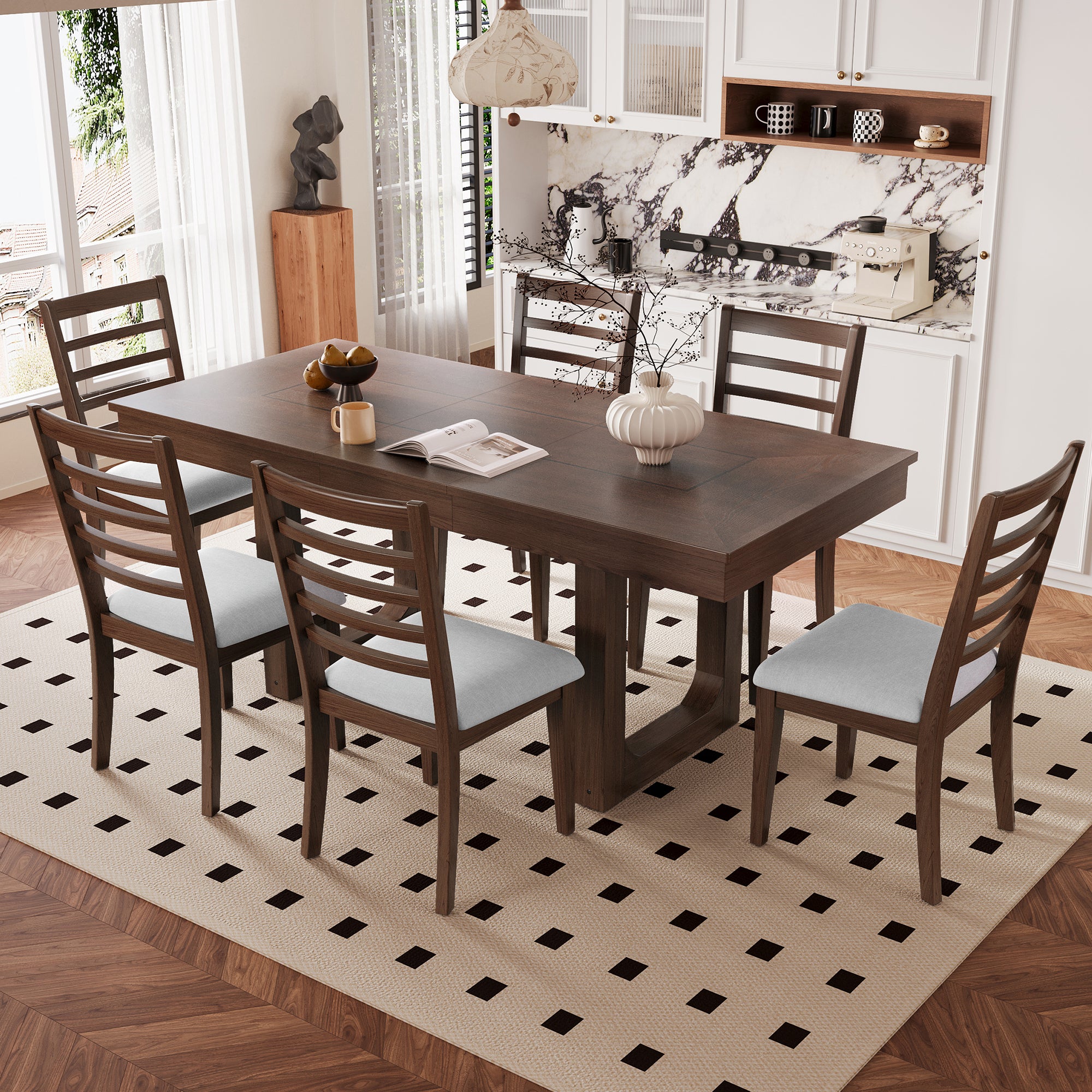 7-Piece Extendable Dining Table Set, Farmhouse Extendable Table with 18' Move Leaf, 78' Rustic Wooden Kitchen Table and 6 piece Upholstered Chairs, Expanding Dining Room Table Set, Walnut+ Beige