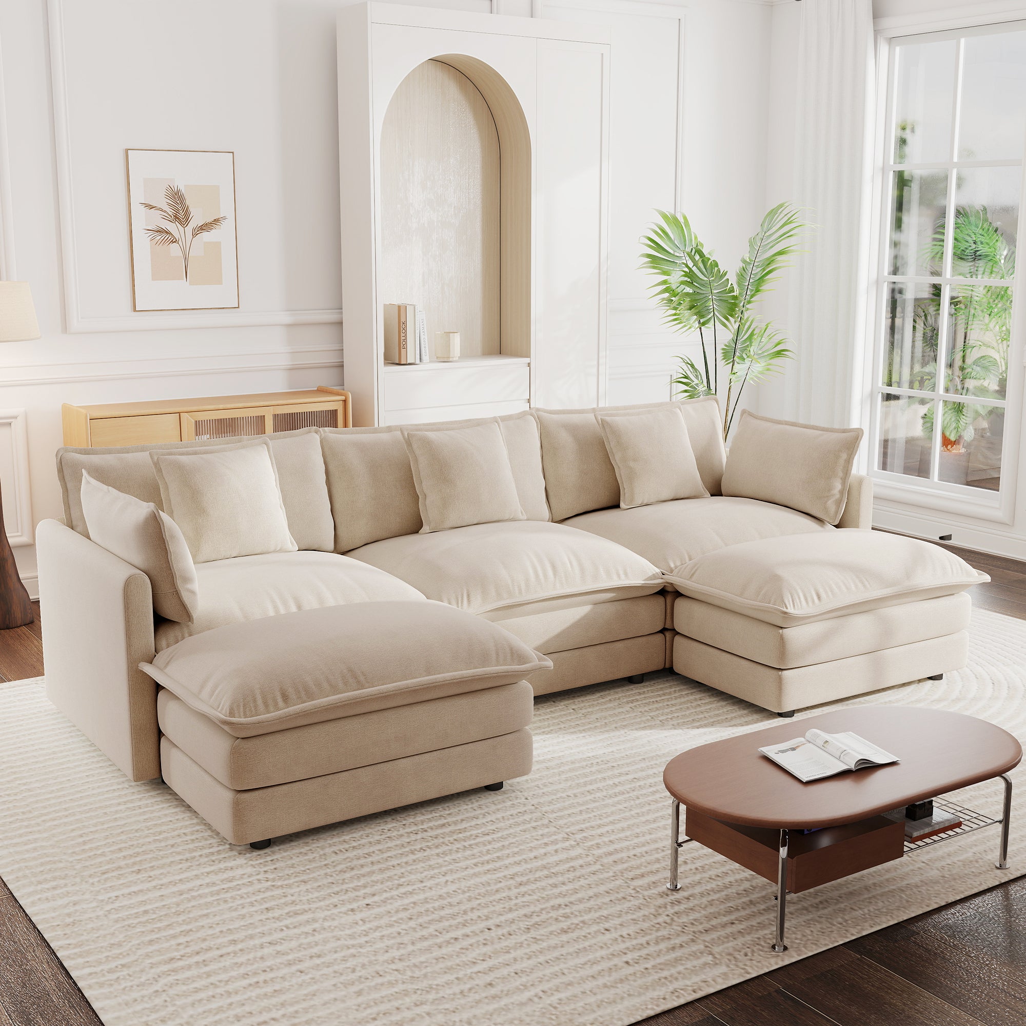 U-Shaped Sectional Sofa w/Reversible Footrest, 5-Seater Convertible Corner Couch with 2 Ottomans ,Modern Minimalist Soft Sofa & Couch for Living Room , Light Coffee Chenille