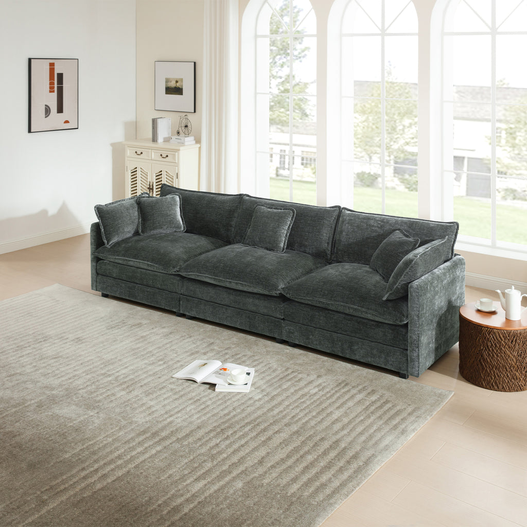 Mid-Century Modern Couch 3-Seater Sofa with 2 Armrest Pillows and 3 Toss Pillows, Couch for Living Room Gray Chenille