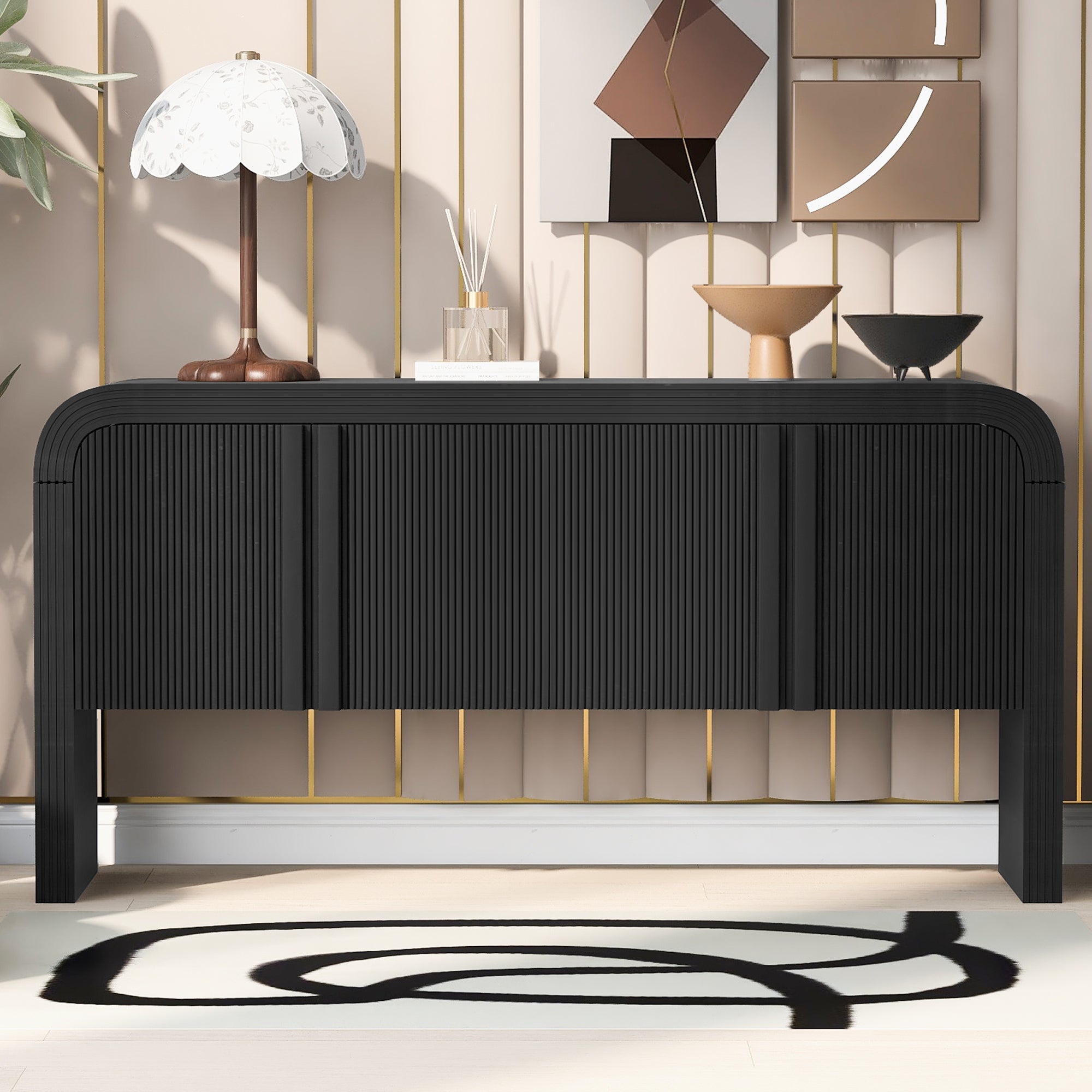 Wave-Pattern Console Table with 4 Doors and Adjustable Shelf