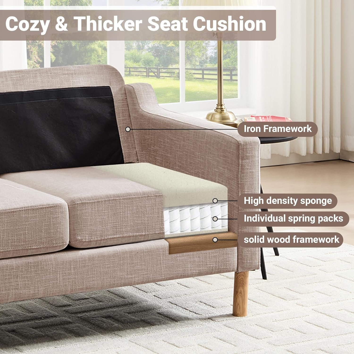 Khaki Linen Sofa 83.5 Inch Ultra Deep Cushioning-4