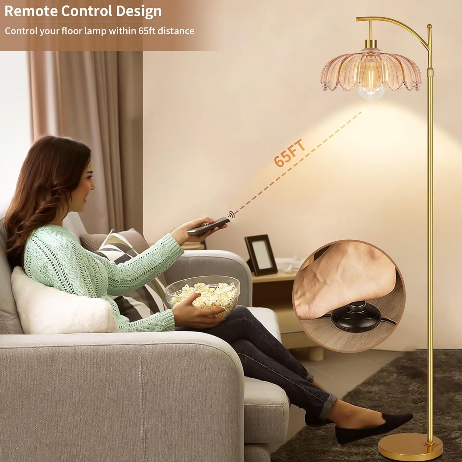 Gold Floor Lamp Arc Midcentury Amber Remote Control-2