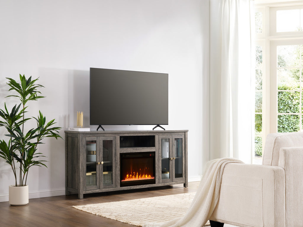 Emerson 70'W Gray Walnut Finish Fireplace TV Stand Console with Heater, LED Light, Cabinets, Shelves