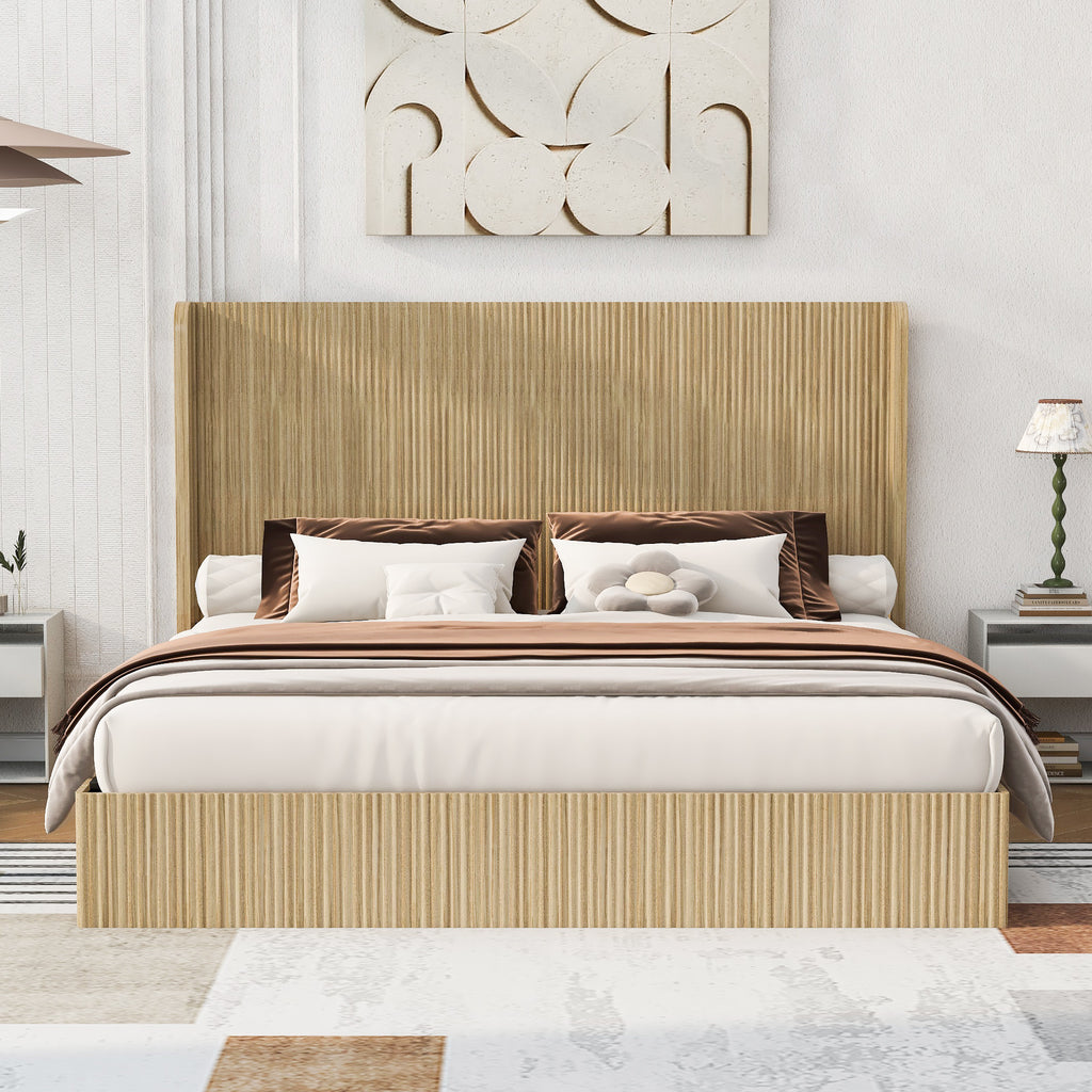 King Size Mid-Century Fluted Wood Bed Frame, Tall Wingback Headboard, Low Profile Platform Bed, No Box Spring Needed, Easy Assembly for Bedroom & Guest Room