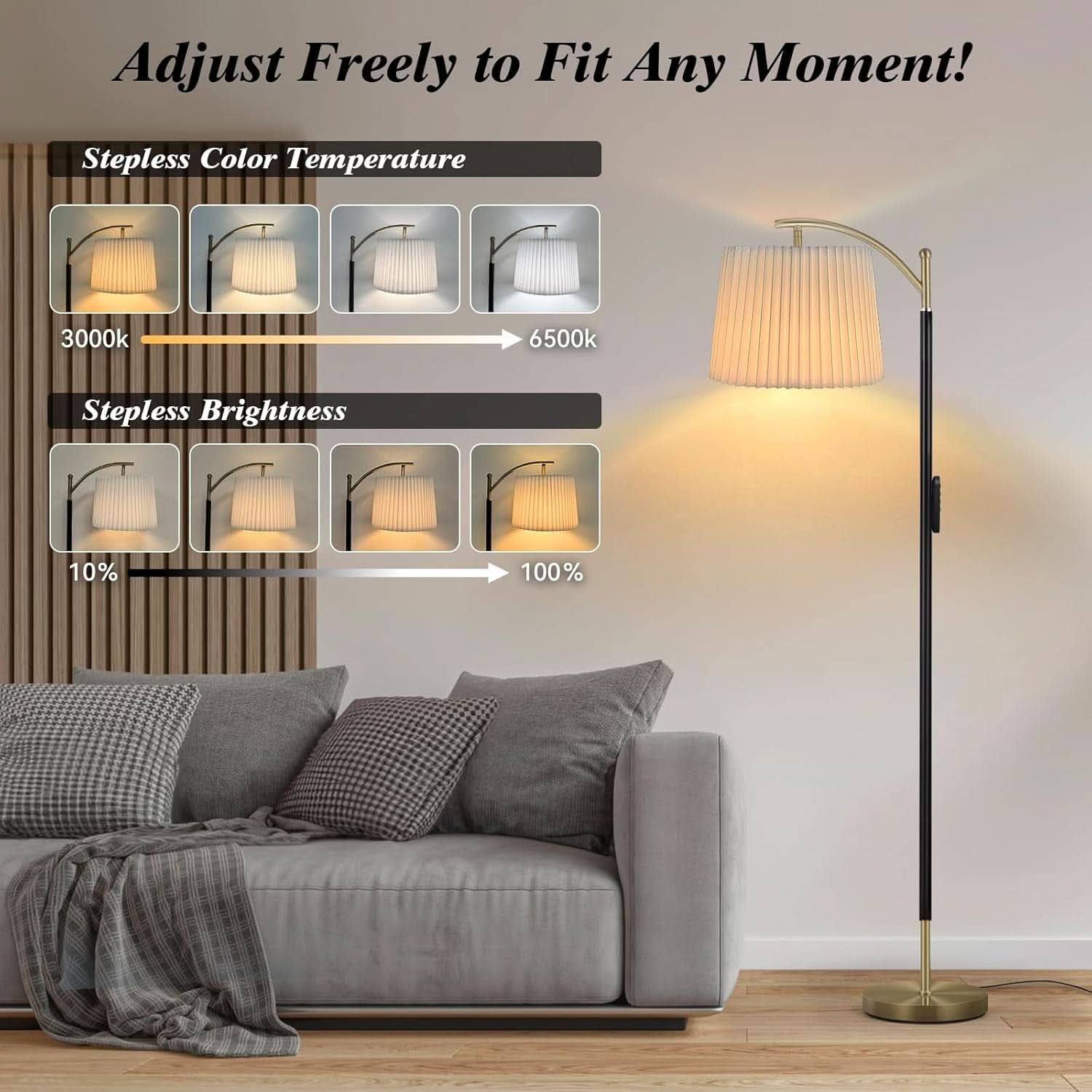Industrial Matte Black Gold Dimmable Arc Floor Lamp Remote-1