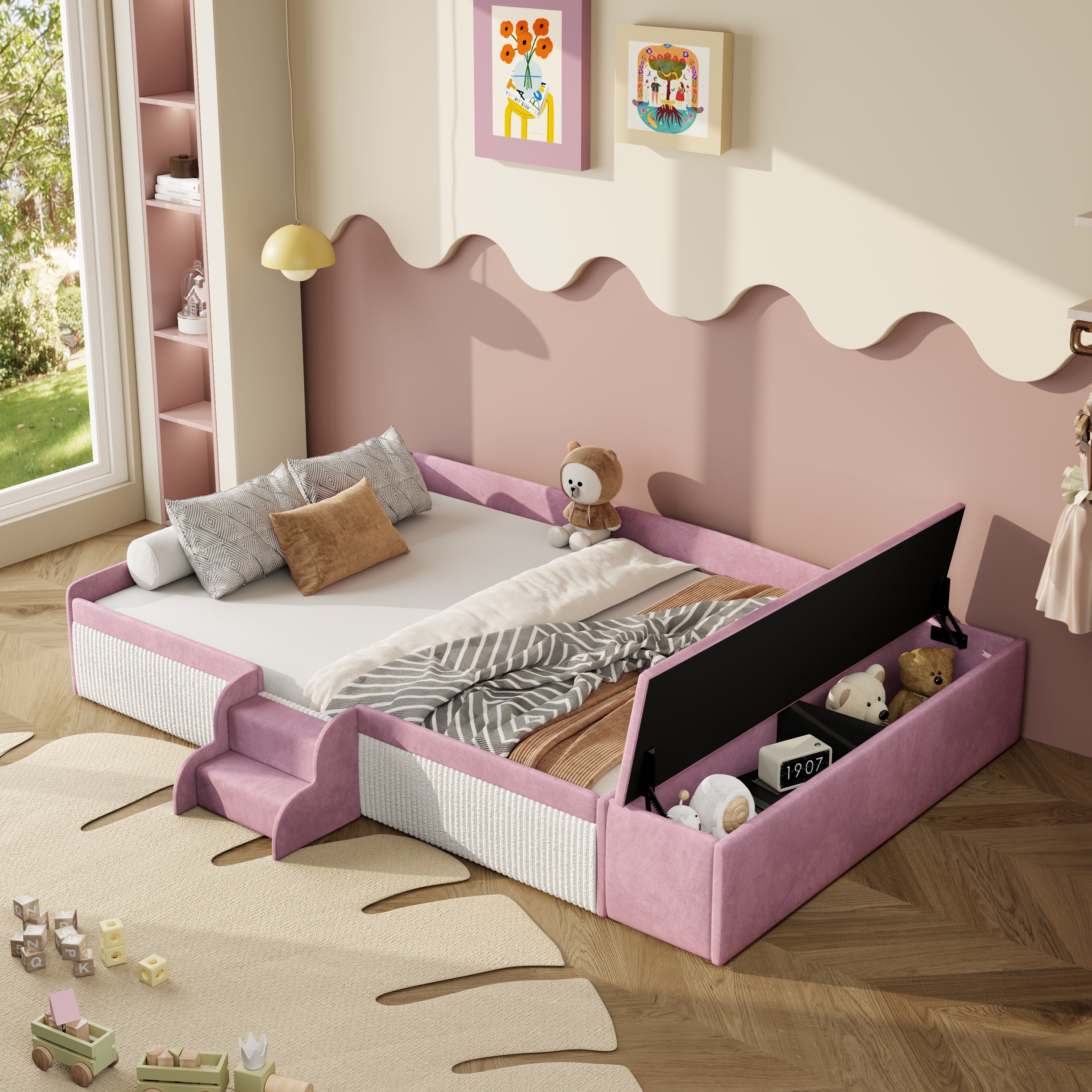Full Size Velvet Upholstered Daybed with Stairs & Gas Lift Storage Ottoman, Contrast Color, Padded Guardrails, Pink+White