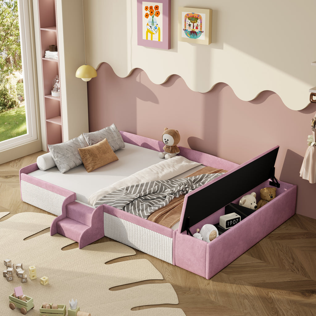 Full Size Velvet Upholstered Daybed with Stairs & Gas Lift Storage Ottoman, Contrast Color, Padded Guardrails, Pink+White