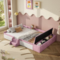 Full Size Velvet Upholstered Daybed with Stairs & Gas Lift Storage Ottoman, Contrast Color, Padded Guardrails, Pink+White