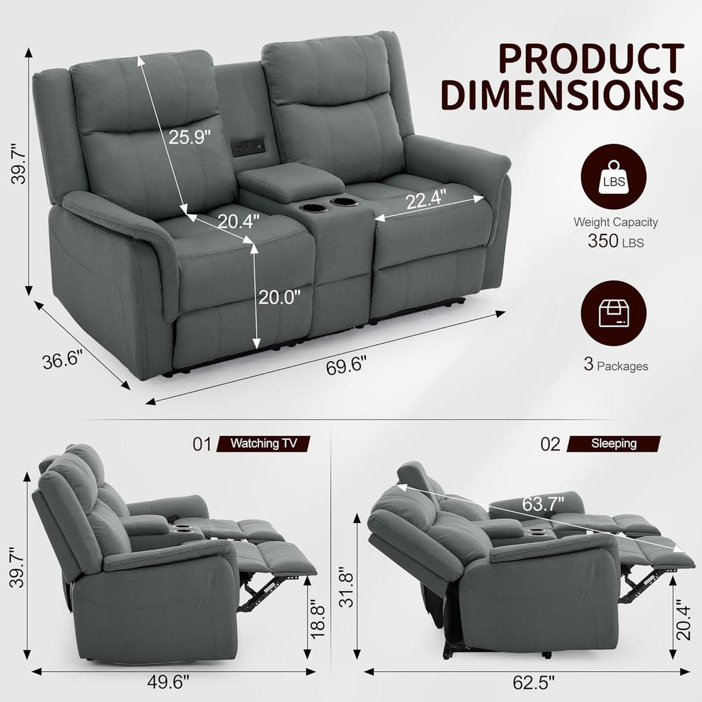 Two Seater Recliner Sofa With USB Charging Port And Cup Holders-1