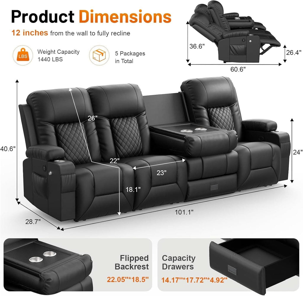 Black PU Leather Four Seater Recliner With USB Ports-1