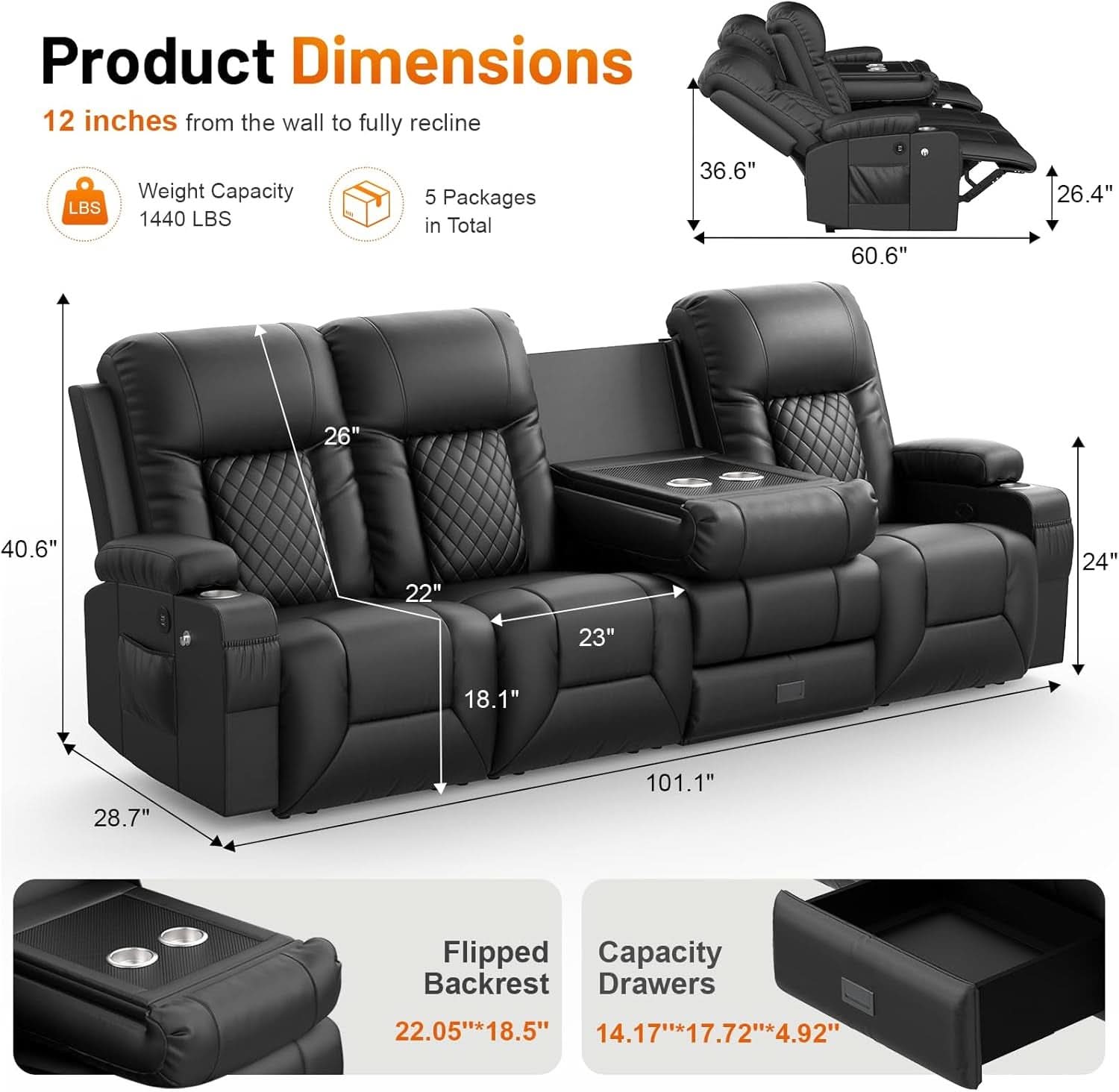 Black PU Leather Four Seater Recliner With USB Ports-1