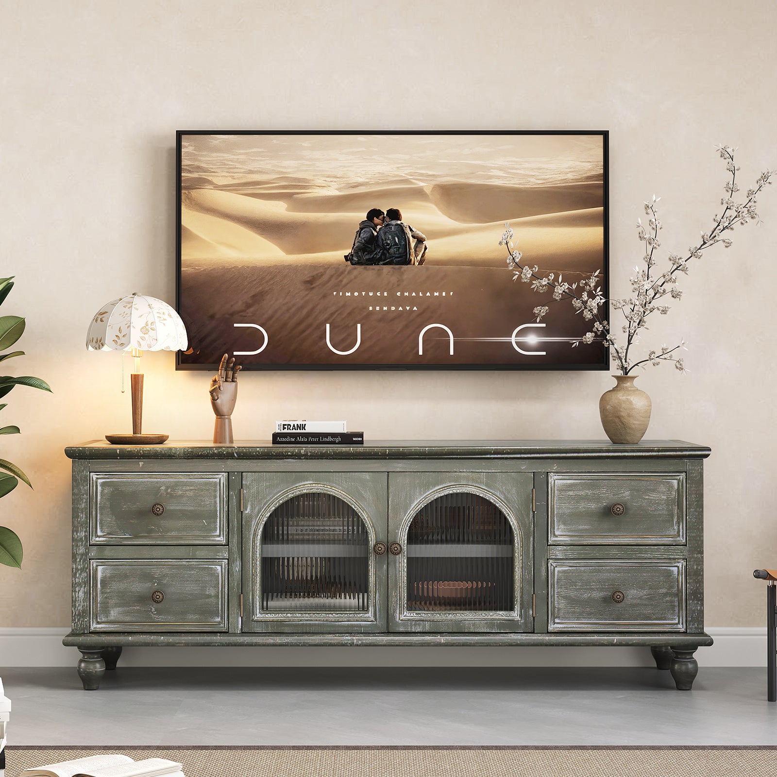 60' Farmhouse TV Stand with 4 Drawers & 2 Glass Doors, Rustic Wood Media Console, Distressed Entertainment Center for TVs