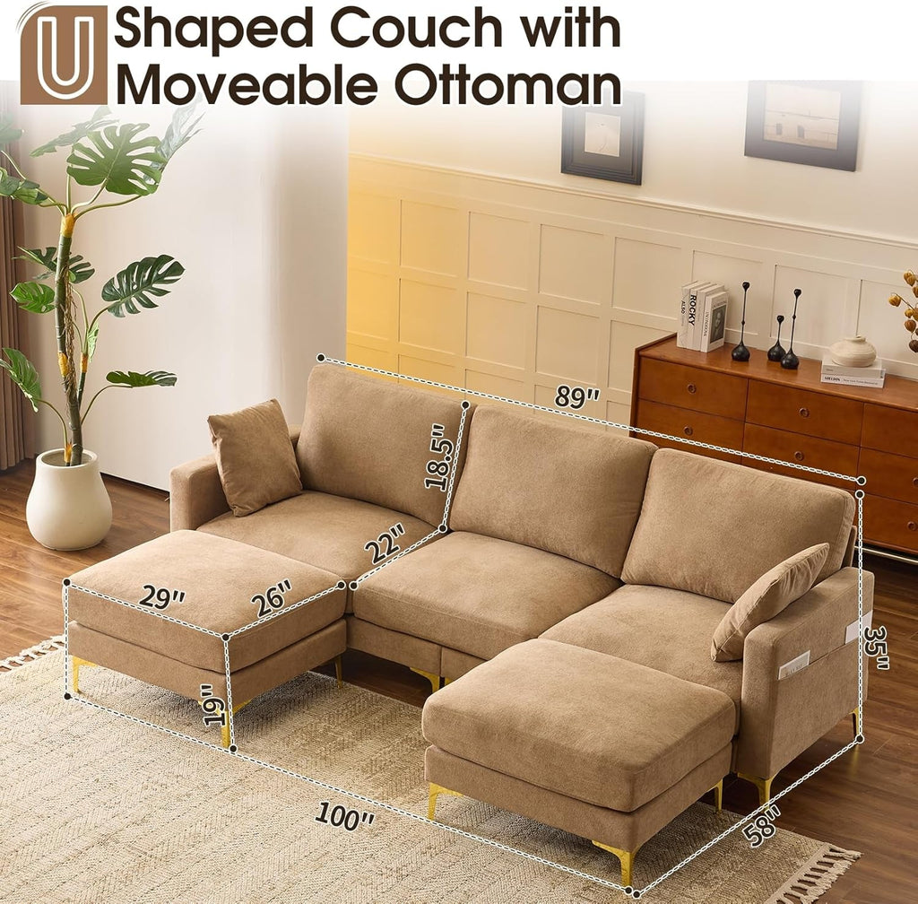 Khaki One Hundred Inch U Shaped Chenille Luxurious Couch-1