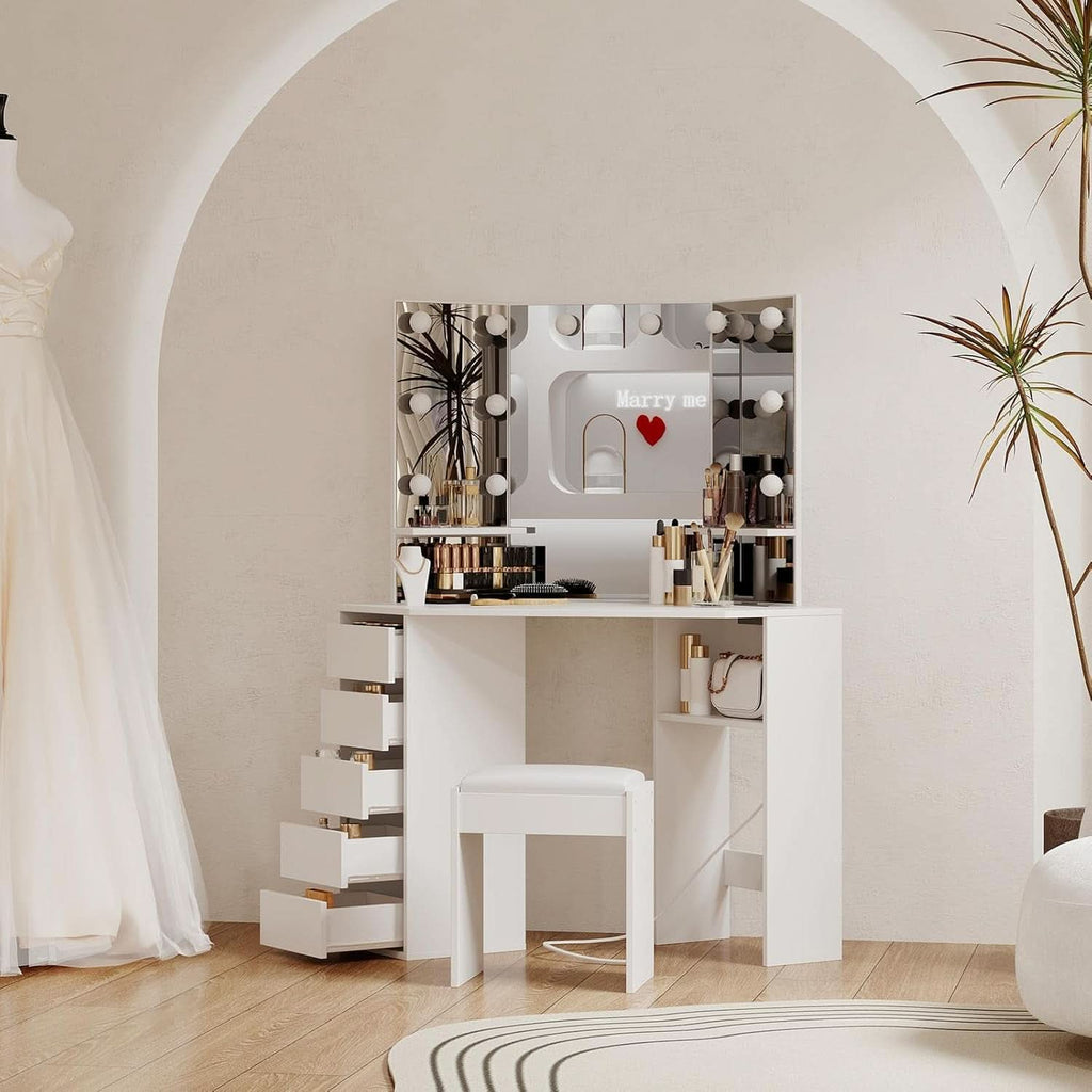 White Corner Vanity Desk With Illumination Modules-2