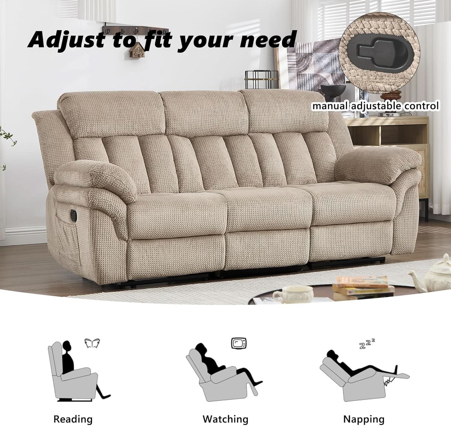 Deluxe Light Brown Three Seater Manual Recliner Sofa-2
