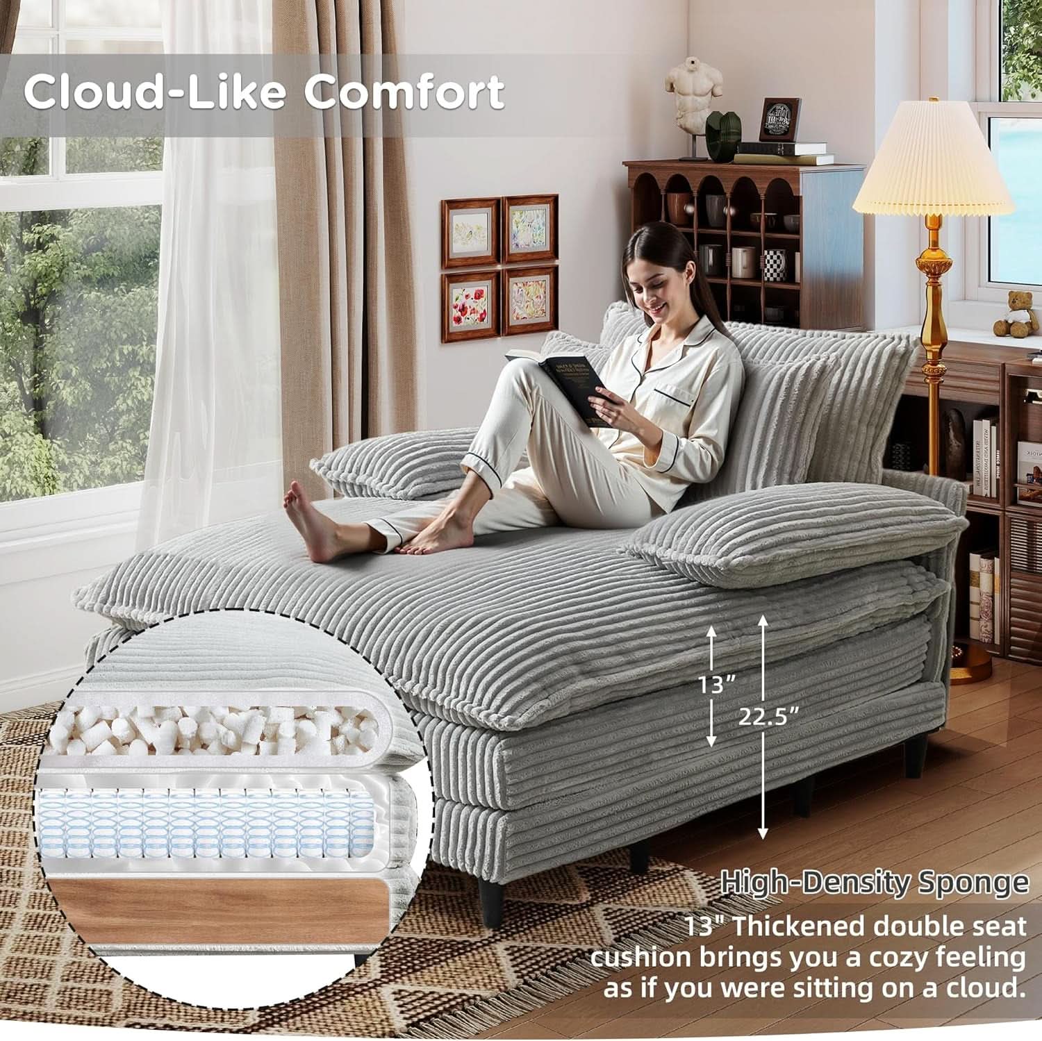 Cream Gray Oversized Chaise Lounge Adjustable Backrest-1