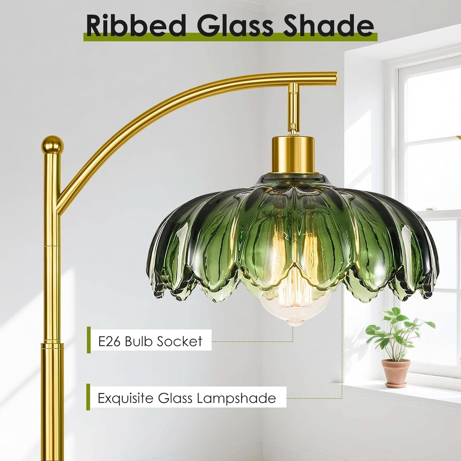 Gold Floor Lamp Arc Mid Century Industrial Green Shade-2