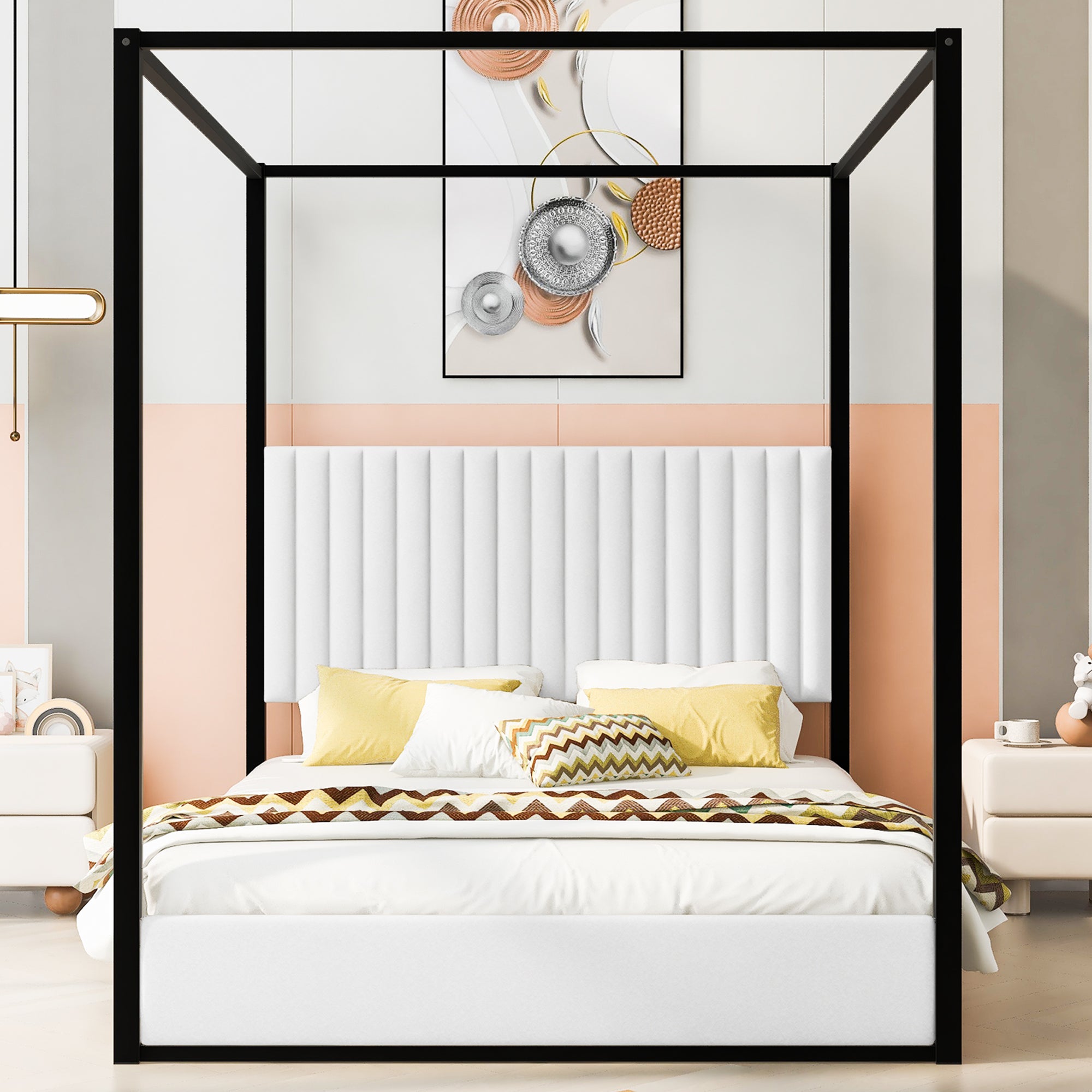 Queen Size Upholstery Canopy Platform Bed with Headboard and Metal Frame, White