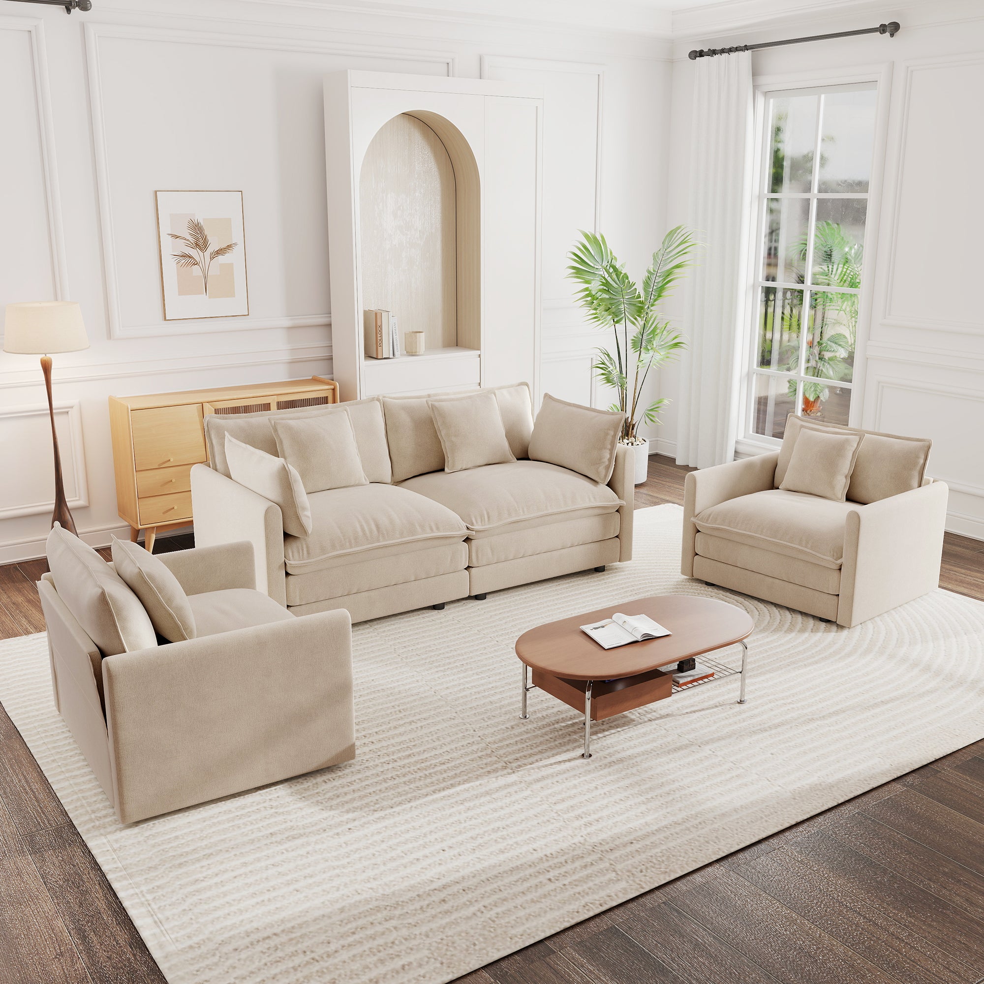 3 Piece Sofa Set with Arm Pillows and Toss Pillows , Sofa Set Include 2- Piece of Arm Chair and One 2-seat Sofa, Space Saving Casual Sofa Set for Living Room, Light Coffee Chenille