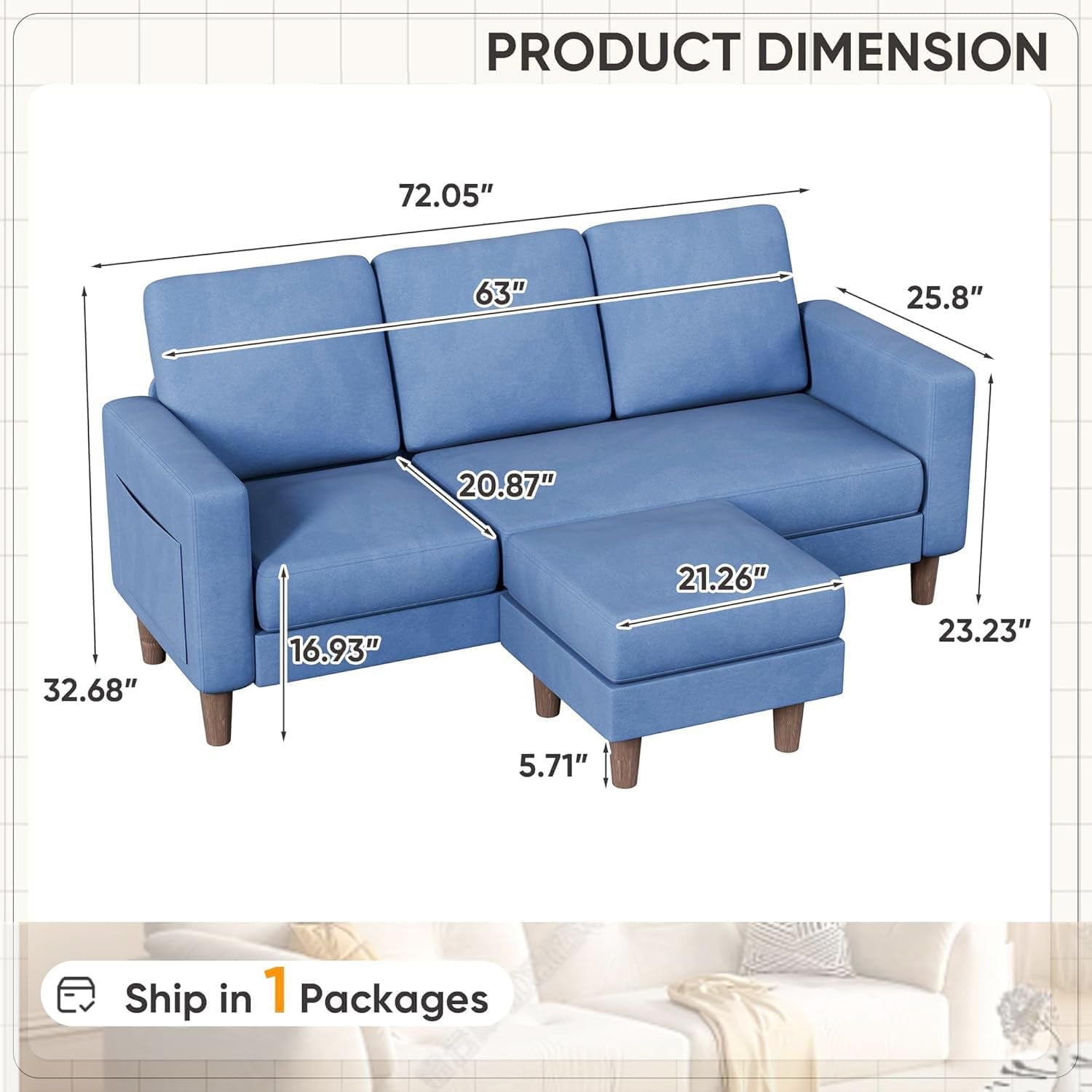 Blue Upholstered L Shaped Movable Sectional Couch Ottoman-1