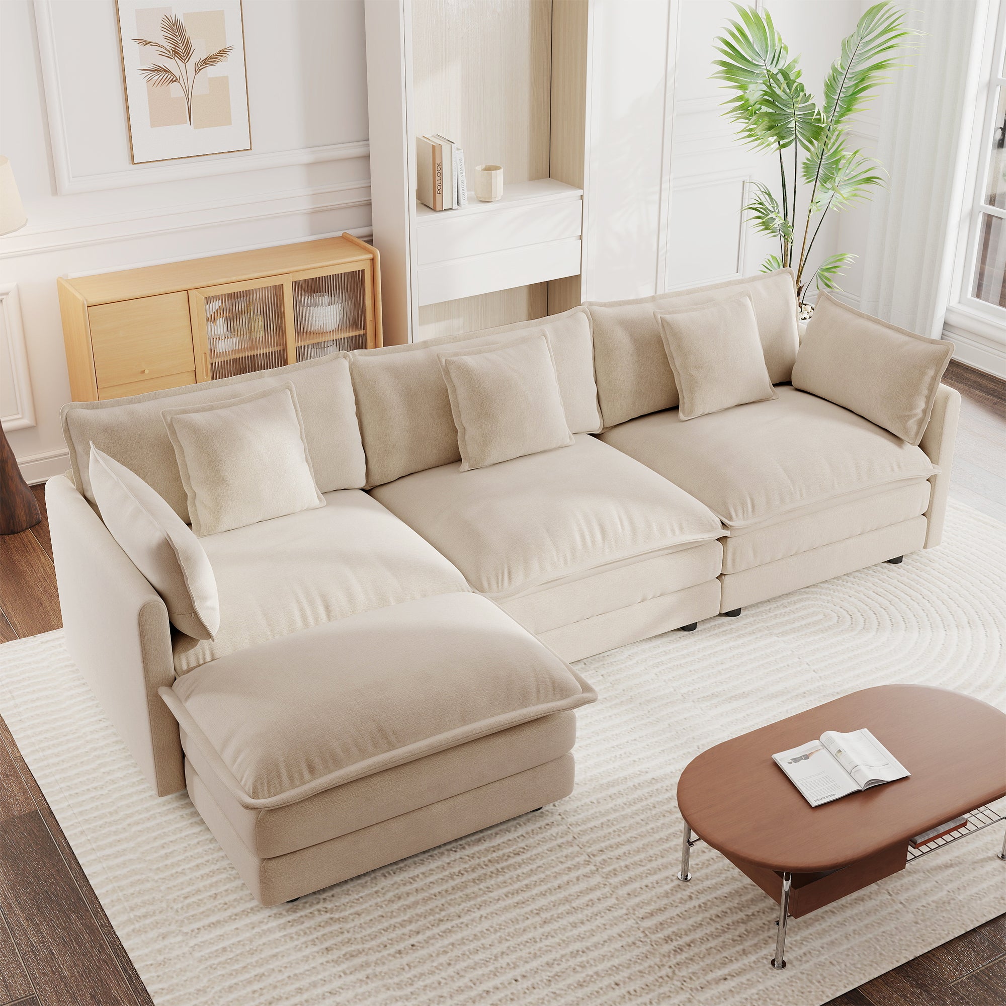 Free Combination Comfy Upholstery Modular Oversized L Shaped Sectional Sofa With Reversible Ottoman, Light Coffee Chenille
