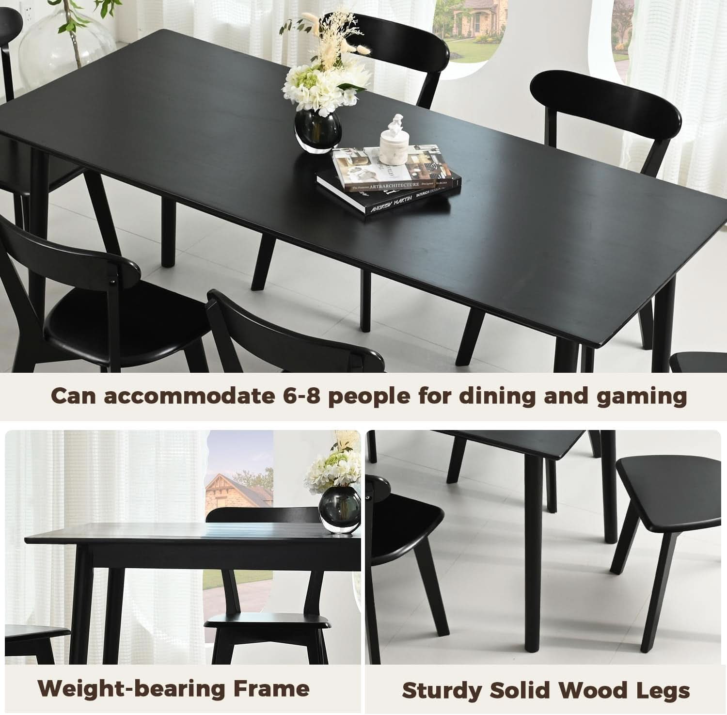 70 Inch Black Solid Oak Dining Table For 6 To 8 People-3