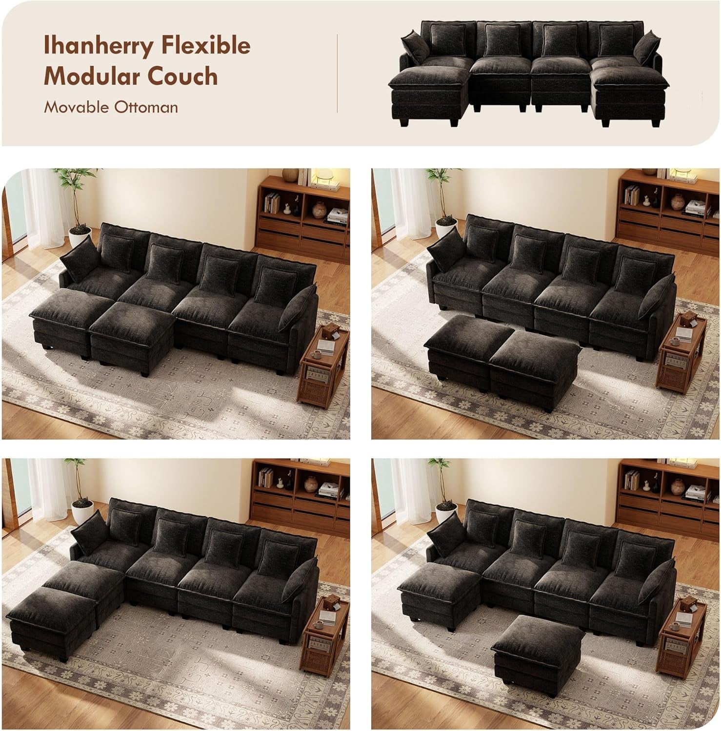 106-Inch Modular Cloud Sofa Black Sectional Modern-2