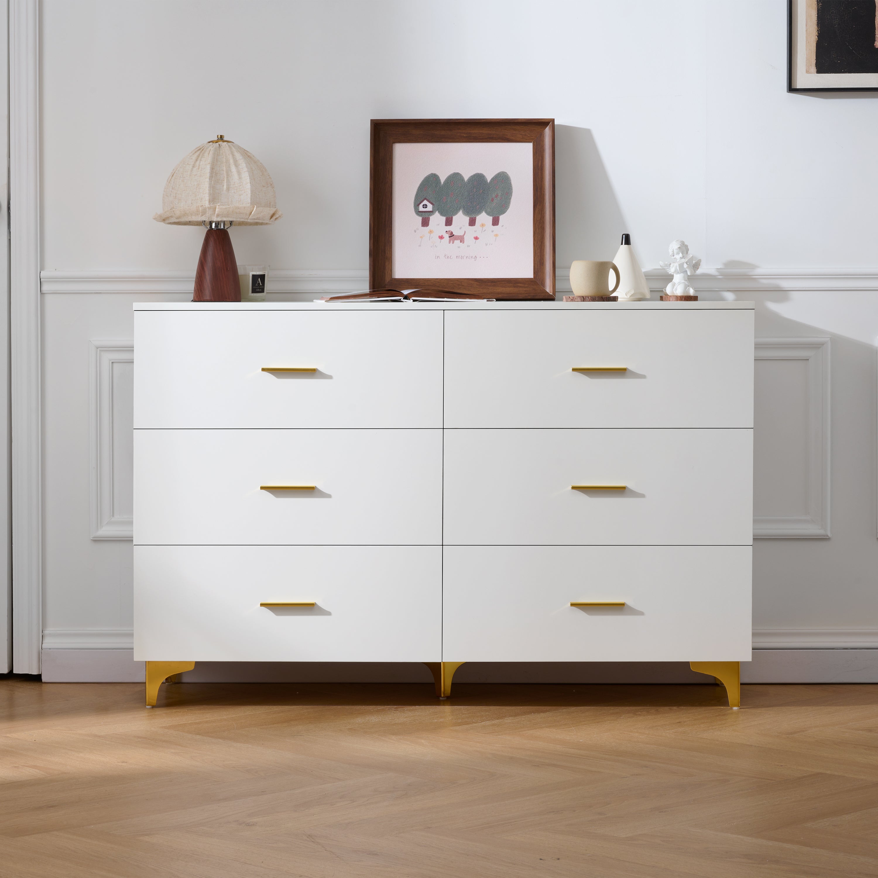 White 6 Drawer Dresser with Gold Handles