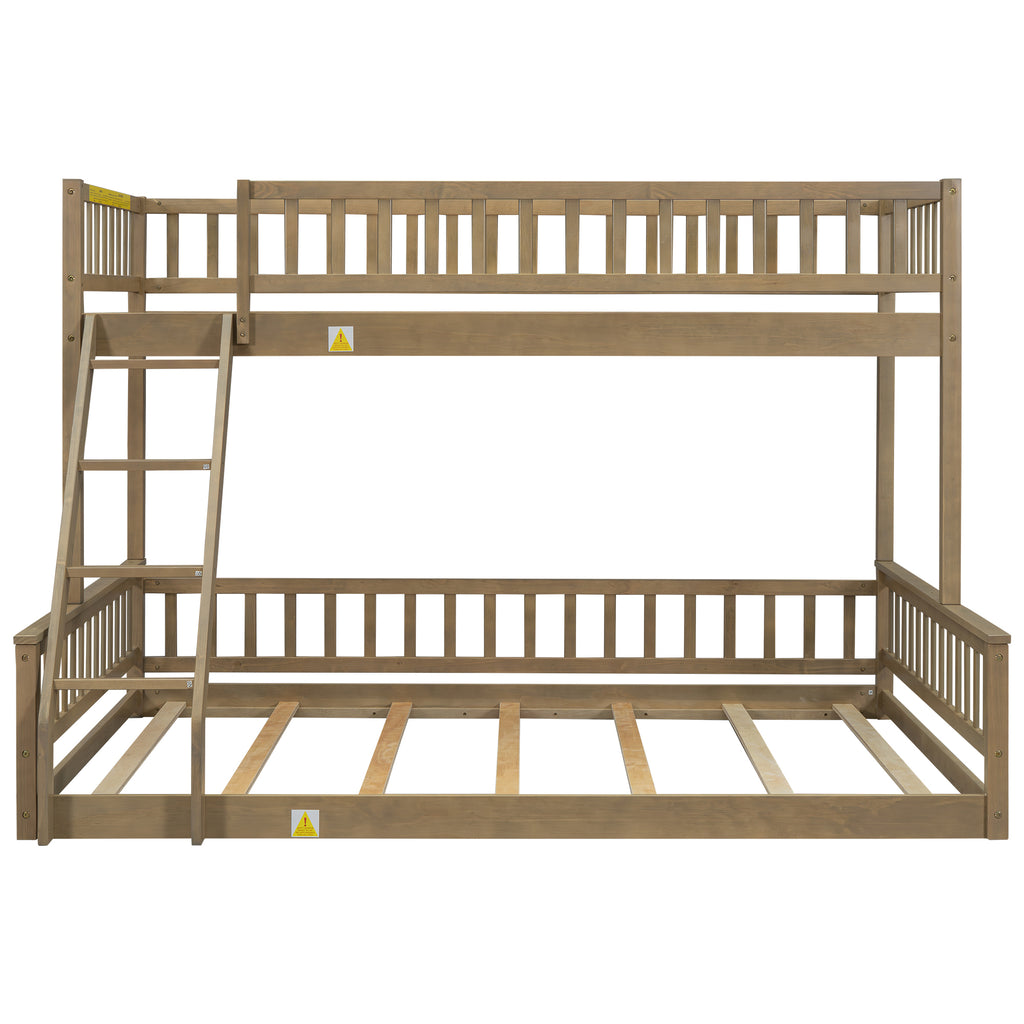 Walnut Twin XL over Queen Bunk Bed with Ladder and Guardrails, Solid Pine Wood+MDF, 84.7''L x 63.7''W x 58.3''H